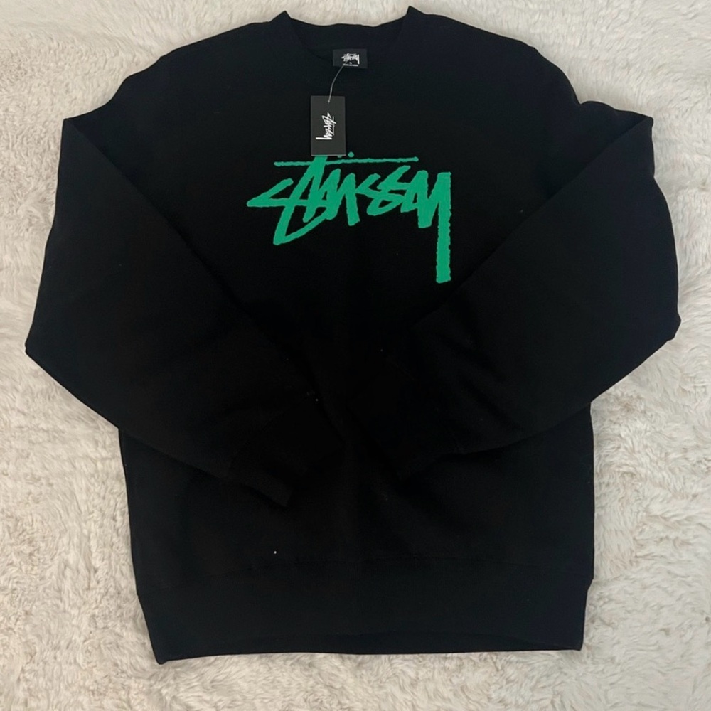 Stussy Crewneck Sweater in Black with Green Logo